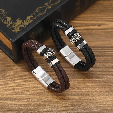 Men's Retro Punk Woven Cowhide Leather Bracelet With Alloy Skull Charm Vintage Biker Magnetic Clasp Wristband Fashion Jewelry Gift