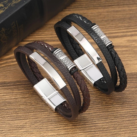 Pulsera De Cuero PU Trenzado De Varias Capas Para Hombre Con Cierre Magnético De Aleación Brazalete De Moda Punk Retro Para Hombre Joyería