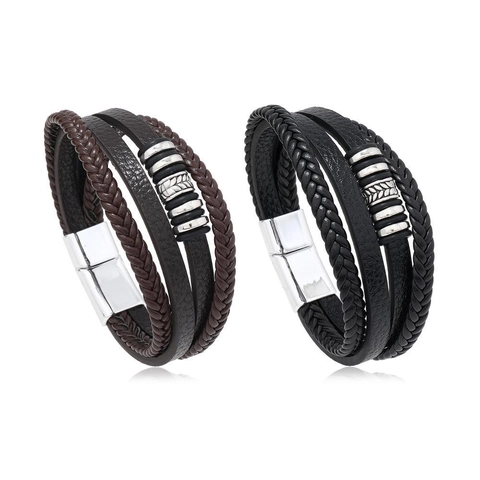 Herren Vintage Mehrlagig Geflochten Lederarmband Legierung Blatt Anhänger Punk Wickelarmband Magnetverschluss Mode Schmuck