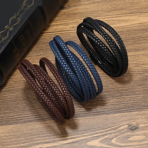Pulsera Minimalista de Cuero PU Trenzado Multicapa para Hombres Mujeres Cierre Magnético de Aleación Joyería de Moda Regalo