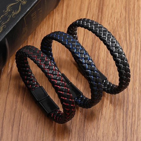 Vintage Multi-Layer Braided Leather Bracelet For Men Fashion Alloy Magnetic Clasp Geometric Cord Wrap Jewelry Wristband Gift