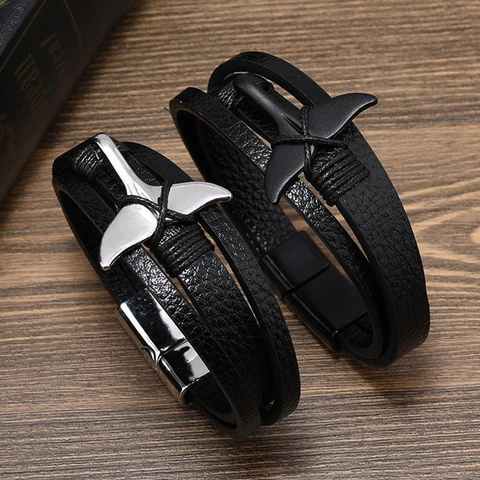 Pulsera de Cuero PU Multicapa Retro para Hombre Colgante de Cola de Ballena de Aleación Hebilla Magnética Náutica Joyería