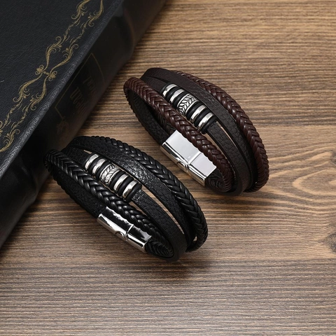 Herren Vintage Mehrlagig Geflochten Lederarmband Legierung Blatt Anhänger Punk Wickelarmband Magnetverschluss Mode Schmuck