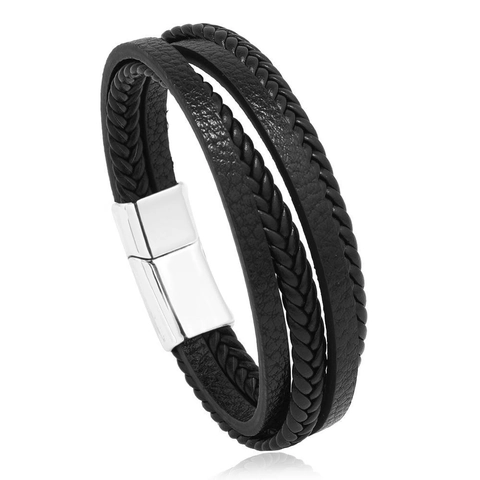 Men's Multilayer Braided Genuine Leather Bracelet With Magnetic Clasp Alloy Geometric Hand-Woven Wrap Bangle Jewelry Gift