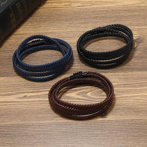 Pulsera Minimalista de Cuero PU Trenzado Multicapa para Hombres Mujeres Cierre Magnético de Aleación Joyería de Moda Regalo