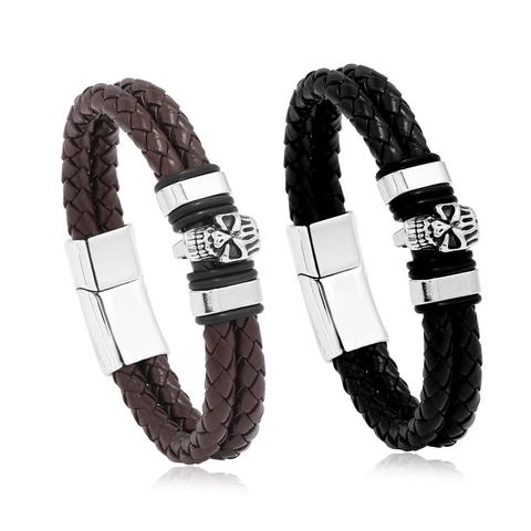 Men's Retro Punk Woven Cowhide Leather Bracelet With Alloy Skull Charm Vintage Biker Magnetic Clasp Wristband Fashion Jewelry Gift