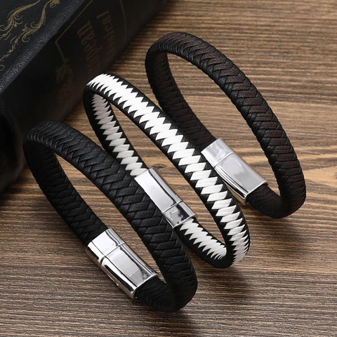 Pulsera Vintage de Cuero PU Trenzado Para Hombre Trenzado a Mano con Cierre Magnético Minimalista Casual Joyería de Regalo