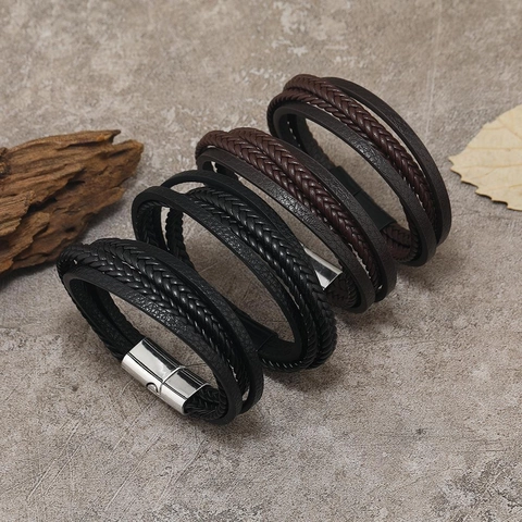 Herren Retro Mehrlagiges Geflochtenes Lederarmband Mit Magnetverschluss Minimalistisch Geometrisch Lederkordel Armreif Schmuck Herren