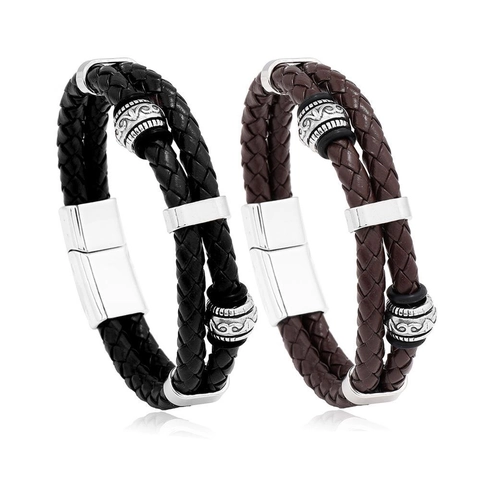 Men Retro Double Layer Woven PU Leather Bracelet With Alloy Magnetic Clasp Geometric Pattern Bead Bangle Fashion Jewelry