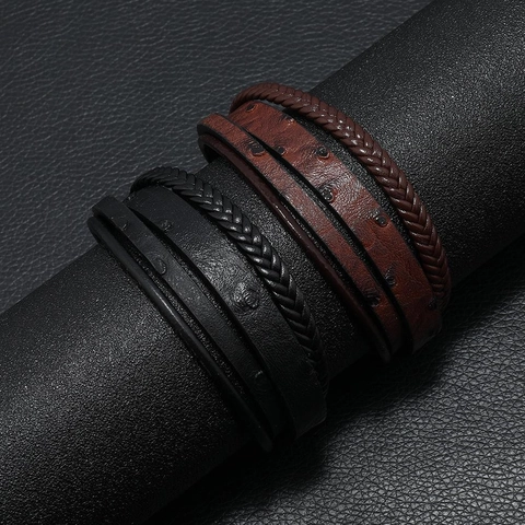 Pulsera de Cuero PU Multicapa Vintage para Hombre Cordón Trenzado Con Cierre de Metal Magnético Joyería Punk Casual