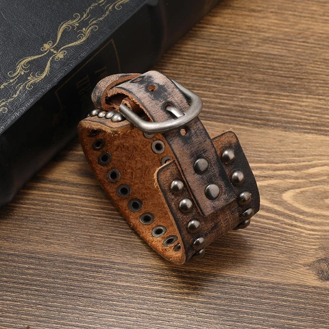 Vintage Punk Wide Leather Bracelet For Men Double Row Metal Rivets Distressed Cowhide Cuff Wristband Adjustable Rock Jewelry