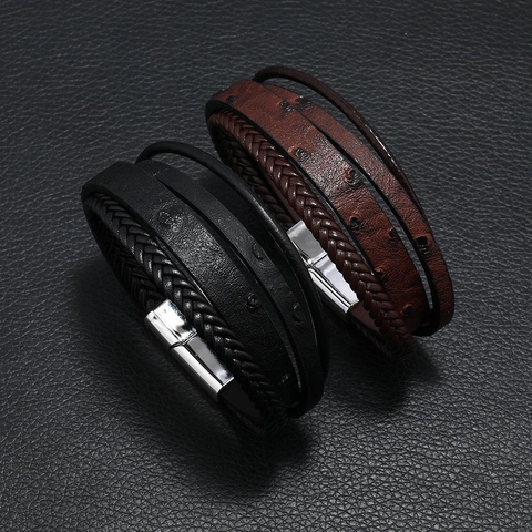 Pulsera de Cuero PU Multicapa Vintage para Hombre Cordón Trenzado Con Cierre de Metal Magnético Joyería Punk Casual