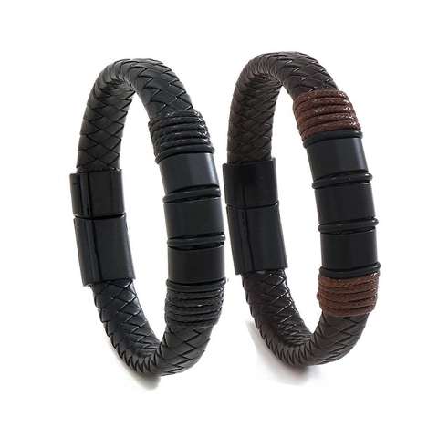 Bracelet Vintage en Cuir de Vachette Véritable Tressé Pour Hommes Avec Boucle Magnétique en Alliage Bracelet Multi Couches Mode Bijoux
