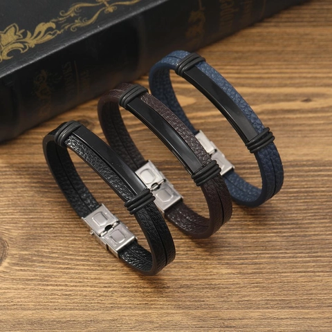 Herren Vintage Punk Rindsleder Armband Edelstahl Metallverschluss Handgewebt Mehrlagig Geflochtenes Armband Schmuck Geschenk