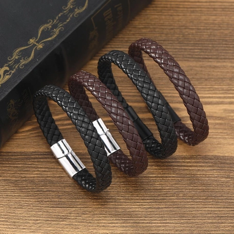 Vintage Hand-Woven Leather Bracelet For Men Women With Alloy Magnetic Clasp Retro Punk Braided Wristband Jewelry Fashion