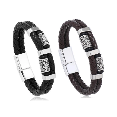 Bracciale in Pelle Intrecciata Uomo Viking Vintage Retro Motivo Nordico Lega Chiusura Magnetica Punk Rock Gioielli