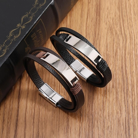 Bracciale Vintage da Uomo Multistrato in Pelle PU Fibbia Magnetica in Lega Geometrica Intrecciato Stile Punk Gioielli per Uomo
