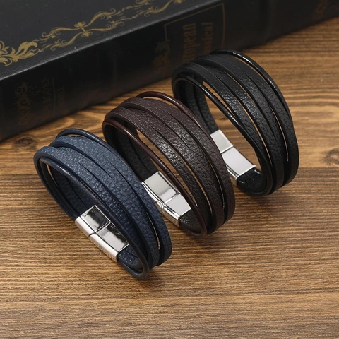 Herren Vintage Mehrschichtig Geflochtenes Rindsleder PU Armband Legierung Magnetschnalle Handgewebt Punk Armreifen Schmuck Geschenk