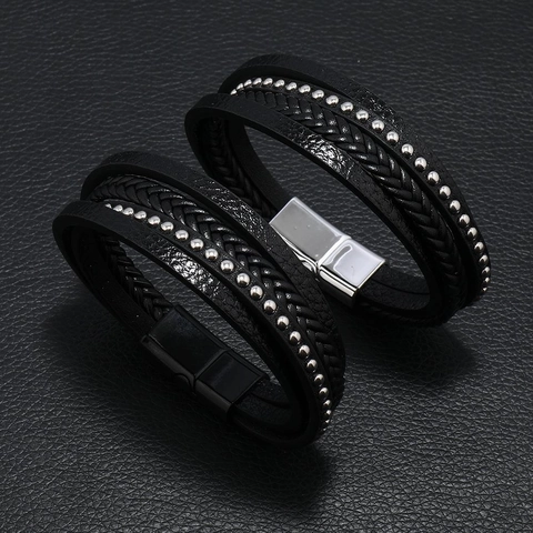 Herren Mehrlagiges Lederarmband Punk Gewebtes Wickelarmband Mit Magnetverschluss Metallperlen Niete Modeschmuck Geschenk