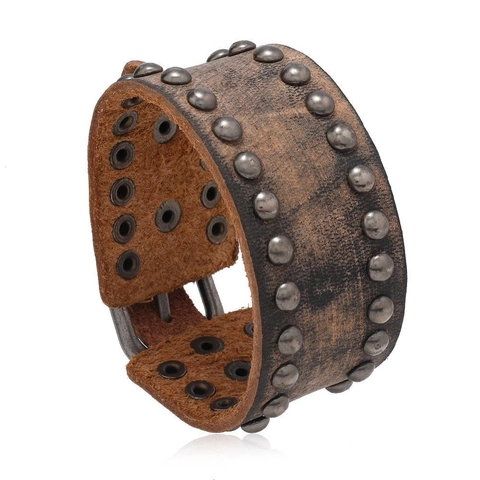 Vintage Punk Wide Leather Bracelet For Men Double Row Metal Rivets Distressed Cowhide Cuff Wristband Adjustable Rock Jewelry
