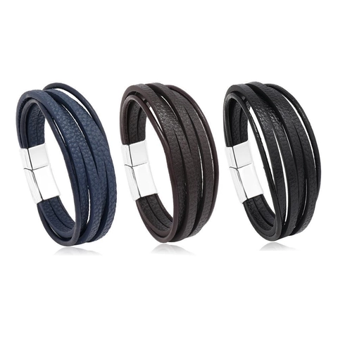 Herren Vintage Mehrschichtig Geflochtenes Rindsleder PU Armband Legierung Magnetschnalle Handgewebt Punk Armreifen Schmuck Geschenk