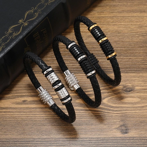 Men's Trendy Handmade Braided Leather Bracelet With Alloy Rings And Magnetic Clasp Punk Style Black Wristband Jewelry Gift