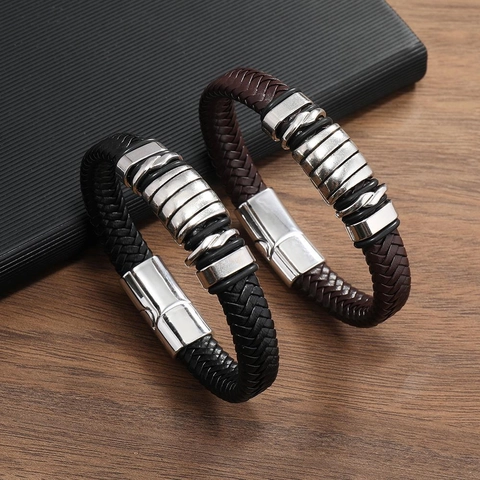 Bracciale Vintage da Uomo in Pelle Intrecciata in Lega Stile Industriale Cinturino Intrecciato Chiusura Magnetica Gioielli da Uomo
