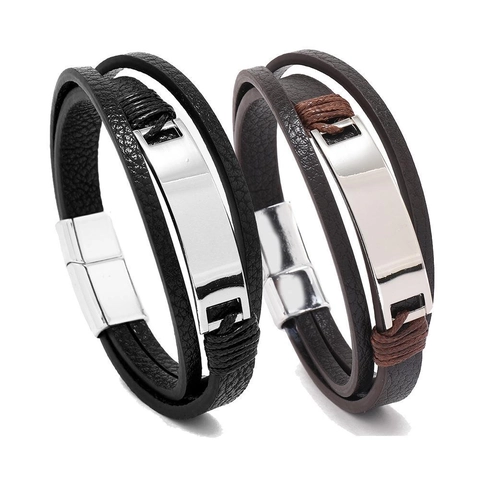 Bracciale Vintage da Uomo Multistrato in Pelle PU Fibbia Magnetica in Lega Geometrica Intrecciato Stile Punk Gioielli per Uomo