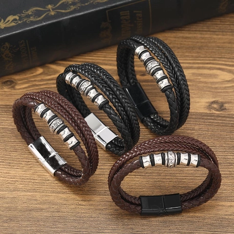 Bracciale da Uomo Multistrato in Pelle PU Intrecciata Con Chiusura Magnetica in Lega Vintage Stile Punk Intrecciato a Mano Regalo di Gioielli Casual Per Uomo