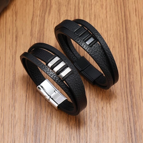 Herren Mode Mehrlagiges Geflochtenes Lederarmband Einfache Legierung Magnetverschluss Geometrisches Charme Armband Schmuck Geschenk
