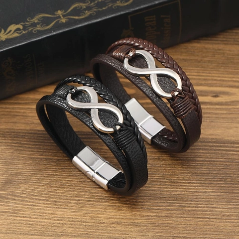 Pulsera Vintage de Cuero Trenzado a Mano con Símbolo Infinito para Hombre y Mujer Aleación Cierre Magnético Joyería Regalo