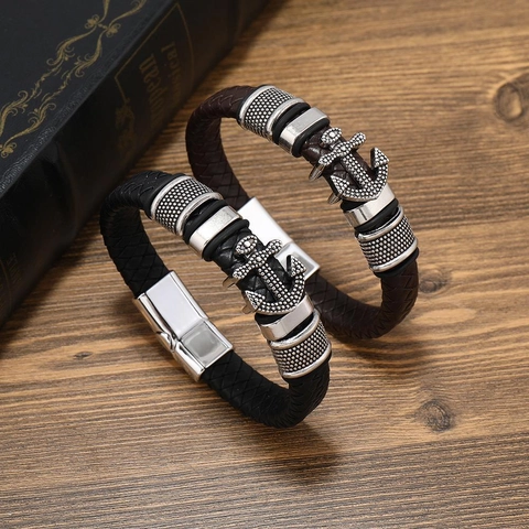 Bracelet Homme Rétro en Cuir Tressé Pendentif Ancre en Alliage Bracelet Nautique Avec Fermoir Magnétique Bijoux Style Européen