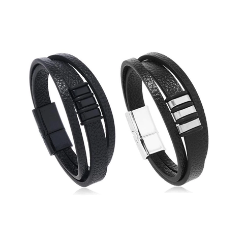 Herren Mode Mehrlagiges Geflochtenes Lederarmband Einfache Legierung Magnetverschluss Geometrisches Charme Armband Schmuck Geschenk