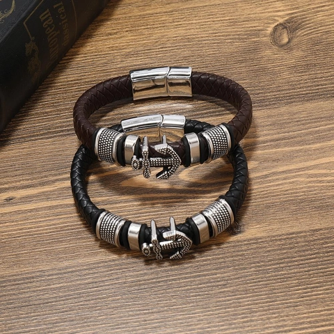 Bracelet Homme Rétro en Cuir Tressé Pendentif Ancre en Alliage Bracelet Nautique Avec Fermoir Magnétique Bijoux Style Européen