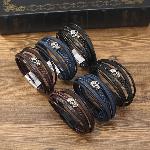 Bracciale da Uomo in Pelle Punk con Teschio Intrecciato Multistrato in Lega con Chiusura Magnetica Retro Gioielli Maschili Regalo