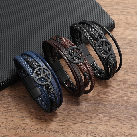 Bracciale da Uomo in Pelle Intrecciata Multistrato Con Ciondolo in Metallo Segno della Pace Chiusura Magnetica Gioielli Punk Retro