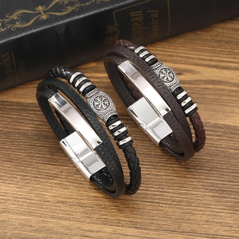 Nordic Viking Retro Multilayer Leather Bracelet For Men Woven Compass Alloy Magnetic Clasp Punk Wristband Wrist Strap Jewelry