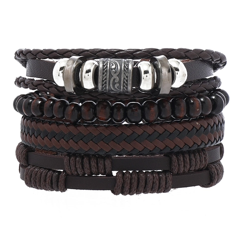 Vintage Mehrlagige Handgewebte Rindsleder Armband Für Herren Holzperlen Legierung Anhänger Punk Ethnischen Stil Schmuck Armband