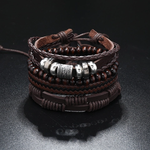 Vintage Mehrlagige Handgewebte Rindsleder Armband Für Herren Holzperlen Legierung Anhänger Punk Ethnischen Stil Schmuck Armband