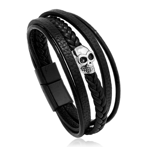 Bracciale da Uomo in Pelle Punk con Teschio Intrecciato Multistrato in Lega con Chiusura Magnetica Retro Gioielli Maschili Regalo