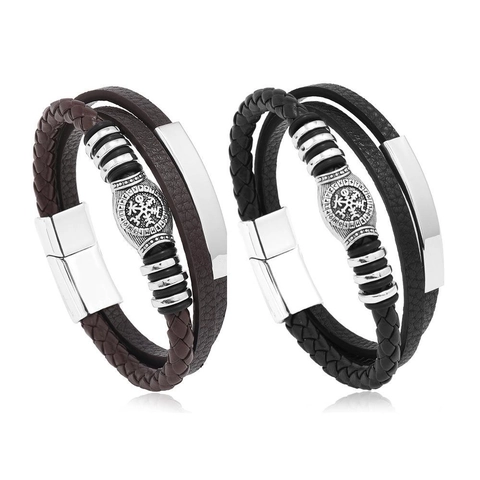 Nordic Viking Retro Multilayer Leather Bracelet For Men Woven Compass Alloy Magnetic Clasp Punk Wristband Wrist Strap Jewelry