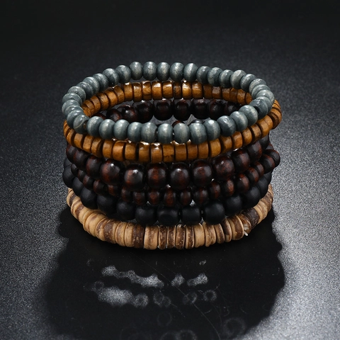 Conjunto de Pulsera de Cuentas de Madera Multicapa Hecho a Mano para Hombres Mujeres Bohemio Geométrico Cáscara de Coco Elástico Retro