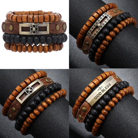 Vintage Multi-layer Leather Bracelet Set For Men Bohemian Wood Beads Braided Wristband Alloy Cross Yin Yang Charm Adjustable