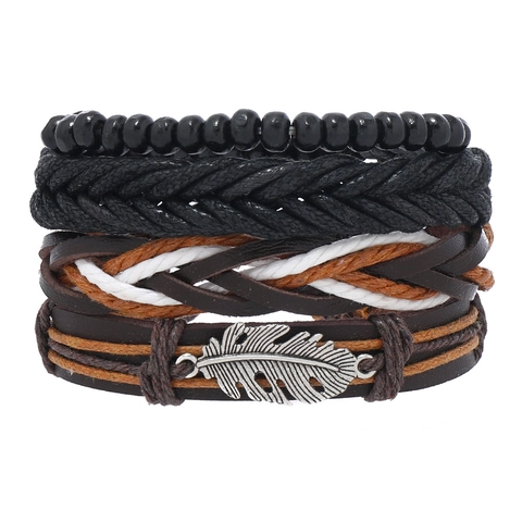 Men Retro Handmade Woven Cowhide Bracelet Set With Maple Leaf Feather Alloy Charms Bohemian Punk Multi Layer Jewelry Gift