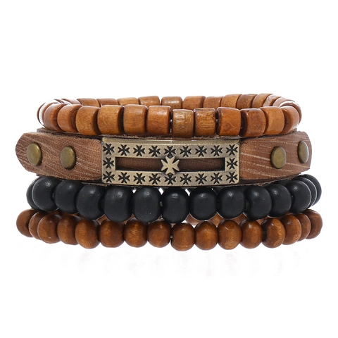 Vintage Multi-layer Leather Bracelet Set For Men Bohemian Wood Beads Braided Wristband Alloy Cross Yin Yang Charm Adjustable