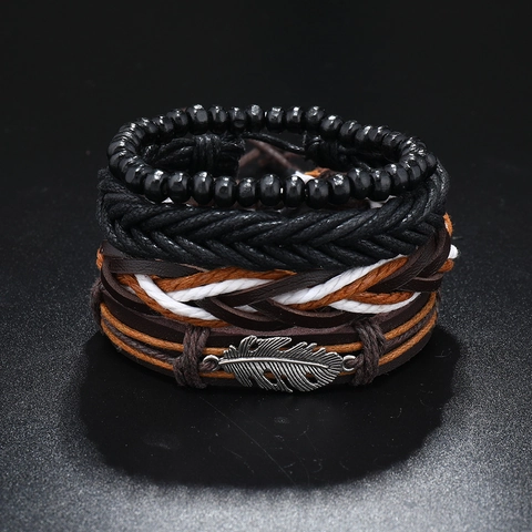 Men Retro Handmade Woven Cowhide Bracelet Set With Maple Leaf Feather Alloy Charms Bohemian Punk Multi Layer Jewelry Gift