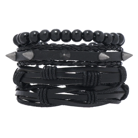 Herren Punk Rock Mehrlagiges Geflochtenes Rindsleder Armband-Set Mit Legierungsnieten Und Wachsfaden Handgefertigter Armband Schmuck