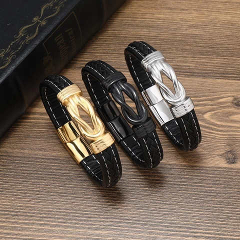 Pulsera de Cuero PU Trenzado para Hombre Con Cierre Magnético de Acero Inoxidable Joyería Minimalista de Moda Nudo Dorado Negro Plateado