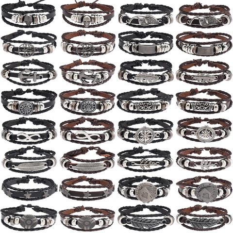 Handmade Multi-Layer Braided Leather Bracelet For Men Retro Punk Alloy Charm Skull Tree Anchor Infinity Compass Leaf Adjustable Wristband Jewelry