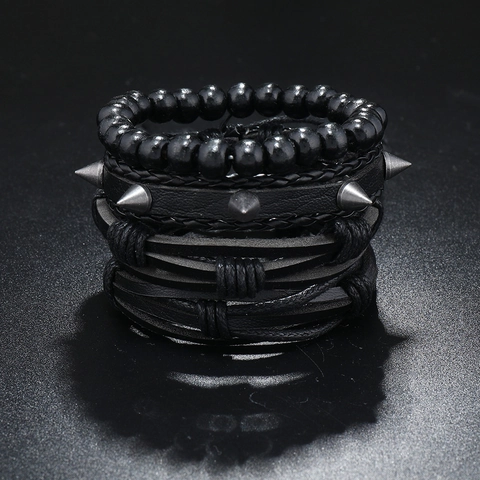 Herren Punk Rock Mehrlagiges Geflochtenes Rindsleder Armband-Set Mit Legierungsnieten Und Wachsfaden Handgefertigter Armband Schmuck